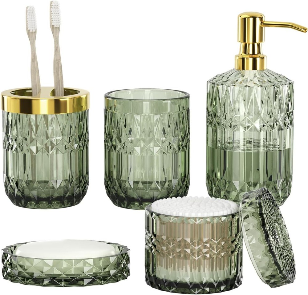 Green Bathroom Accessories Set - 5 PCS Glass Decor with Shallowgreen