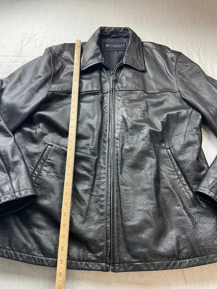 Reaction Kenneth Cole Leather Mens Bomber Jacket Size XL Black Full Zip