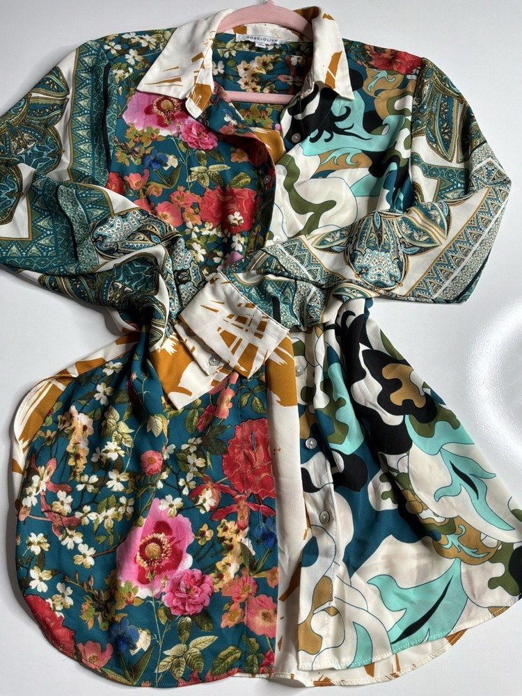 Women’s Multicolor Floral Collared Button Front Long Sleeve Shirt Dress M