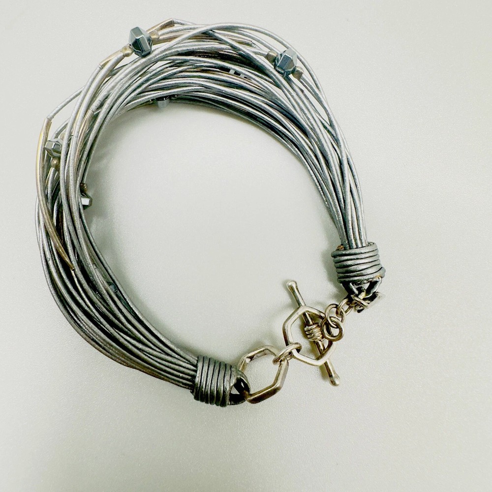 SILPADA B2143  Sterling Silver Hematite Glass Grey Leather Bracelet 6.75”