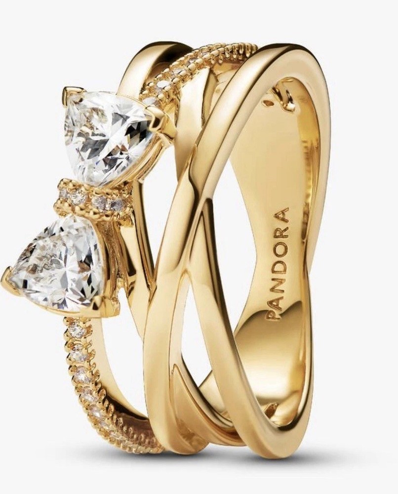 Pandora Sparkling Bow Crossover Band Ring 6 14K Gold Plating