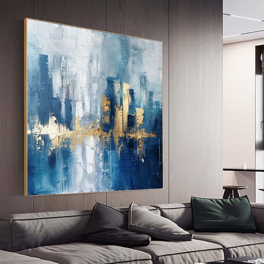 Wall Art Cityscape Oil Painting Hand Painted Decorative Modern Abstract blue