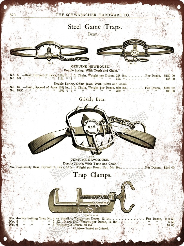1903 Newhouse No.6 Grizzly Bear Trap Clamp Metal Sign 9x12 Vintage A731  