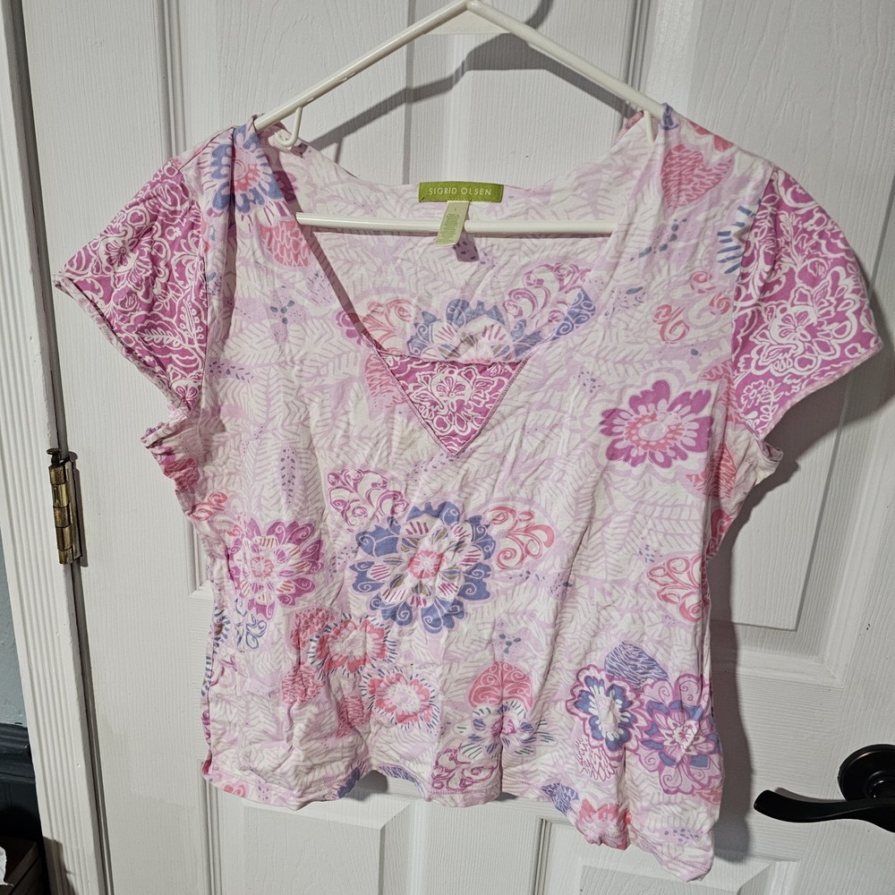 Sigrid Olsen Women’s Short Sleeve Tee Shirt Sz Large Floral Cottage Core Pink