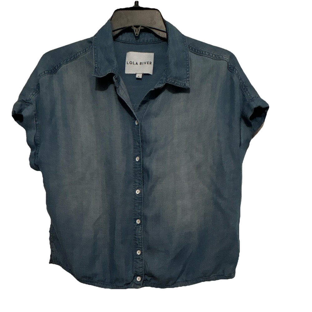 Lola River Women's Blue Solid Chambray Collared Button-Up Short Sleeve L