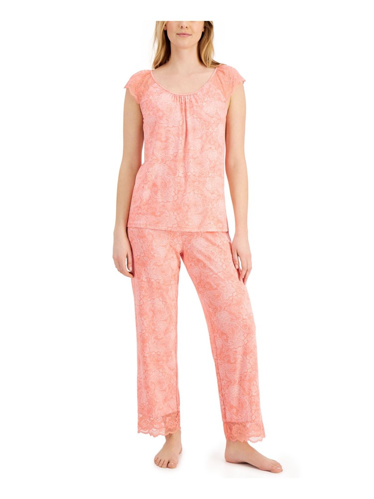 CHARTER CLUB Womens Coral Top Lace Cap Sleeve Straight leg Pants Pajamas M
