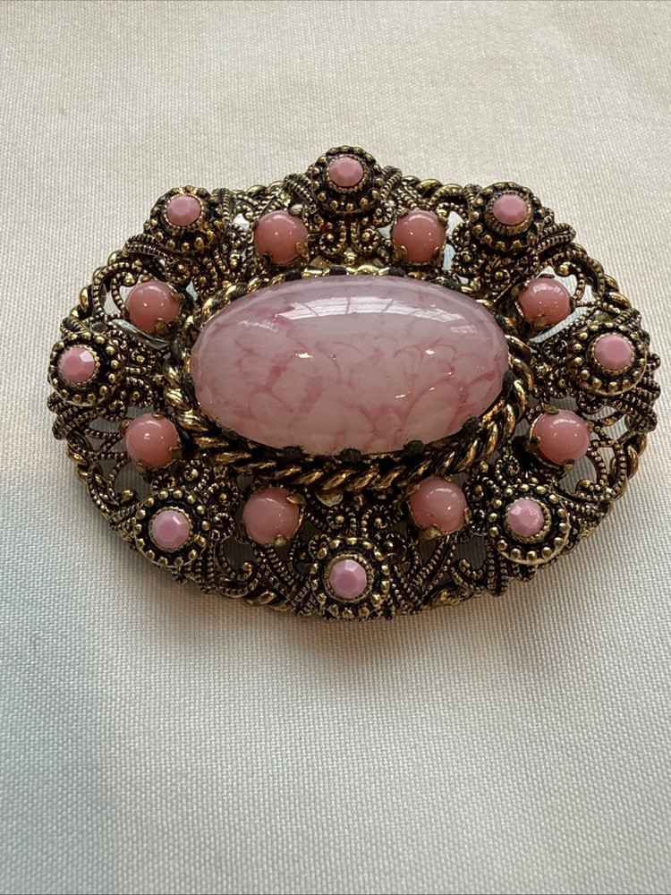 Vintage Germany Brooch Gold Tone With Pink Cabochon/oxidation Noted See Pictures