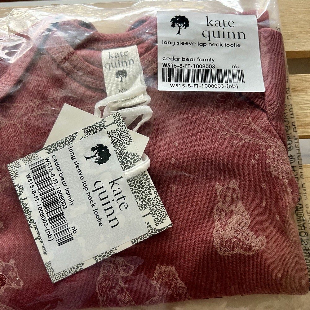 NIB Kate Quinn Newborn Long Sleeve Lap Neck Footie Cedar Bear Family Cotton