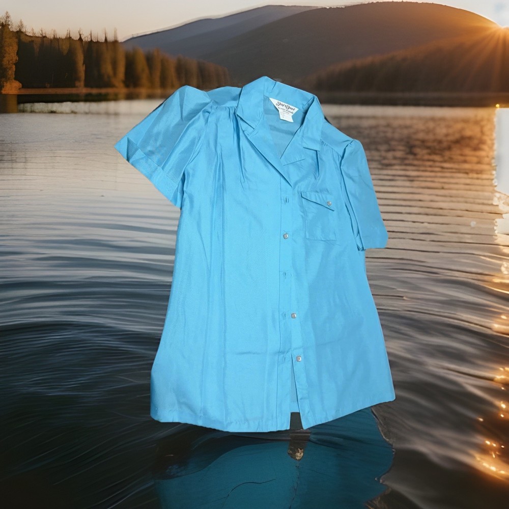 VTG 70s Ship 'n Shore Blue Silken Wonder Blouse Retro Short Sleeve Sz 8 NOS