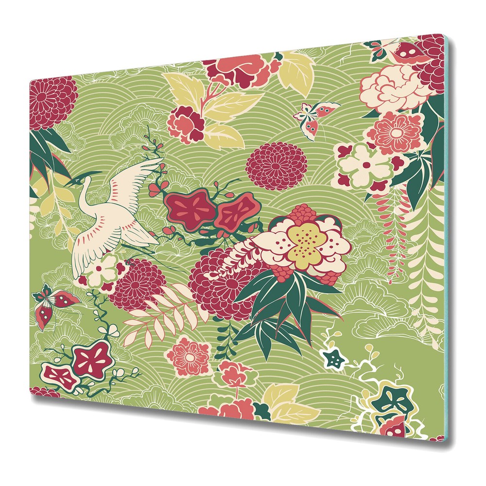 Tempered Glass Worktop protector Oriental silk pink and green large 60x52