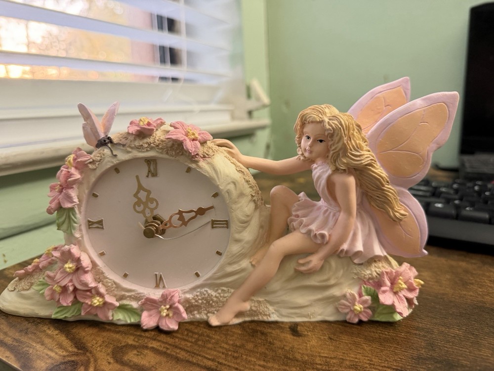 Vintage Whimsical Fairy Figurine Clock Pink Floral Clock Resin Decor Cottagecore