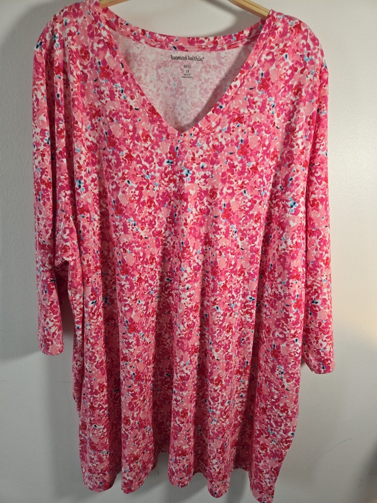 NWOT Woman Within Pink Floral Cotton Top Blouse Size Plus 3X Split 3/4 Sleeve