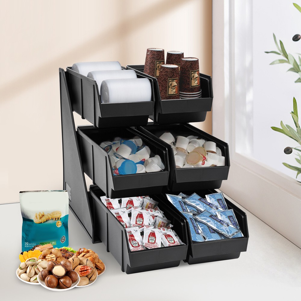 6 Compartments Upright Breakroom Coffee Condiment Storage Organizer Bin 3-Tier