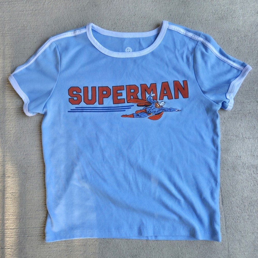 DC Comics Superman Graphic Ringer T-Shirt Women's Size L Blue Baby Tee