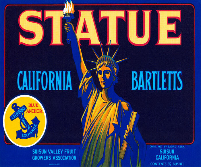 CRATE LABEL STATUE LIBERTY CALIFORNIA BARTLETTS PEARS FRUIT VINTAGE POSTER REPRO