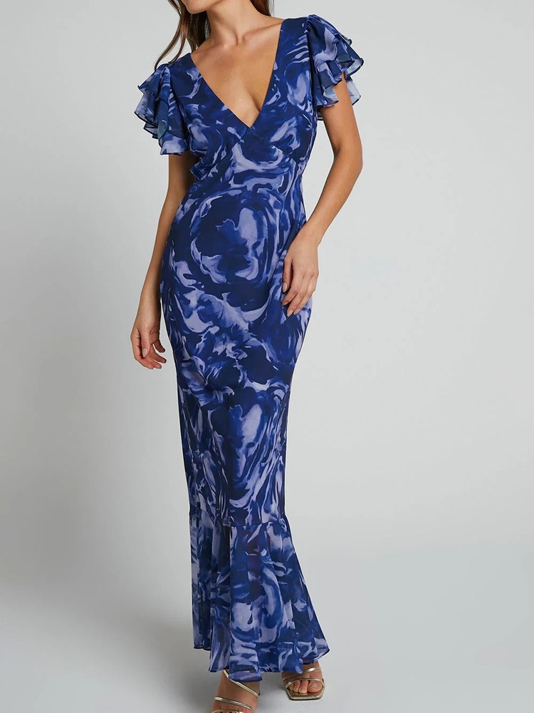 V Neck Flutter Sleeve Maxi Dress In Navy Swirl XL