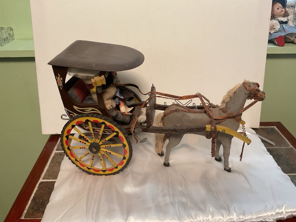 Folk art, Handcrafted Horse & Buggy, Very Detailed W/Antique Dolls, Unique Item