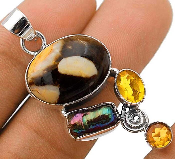 Natural Peanut Wood Jasper Citrine 925 Sterling Silver Pendant Necklace