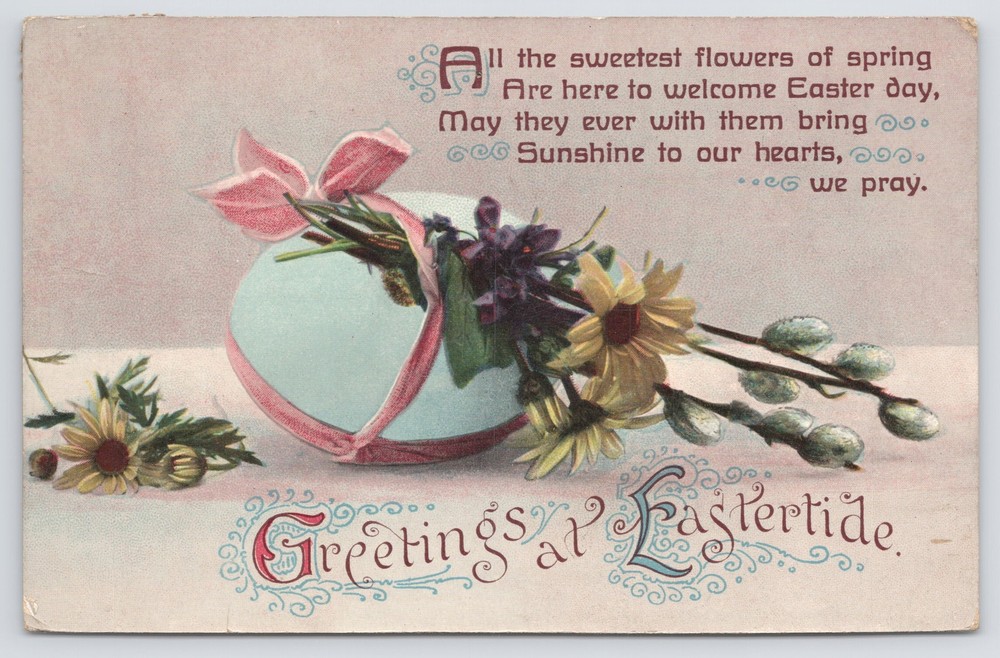 Holiday~Blue Egg & Attached Flowers Greeting Poem @ Eastertide~Vintage Postcard