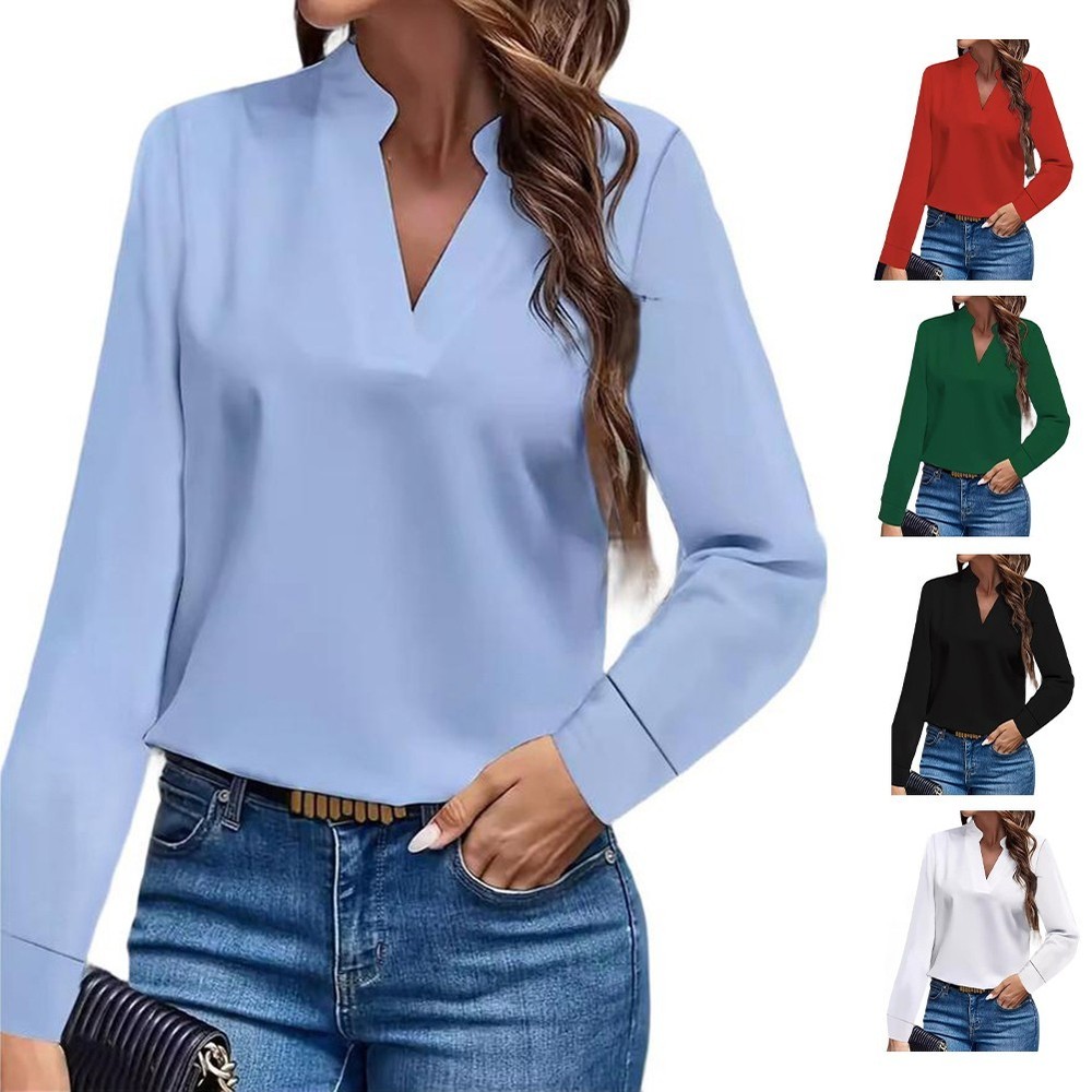 Women V Neck Long Sleeve Shirt Office Elegant Chiffon Blouse Casual Tops
