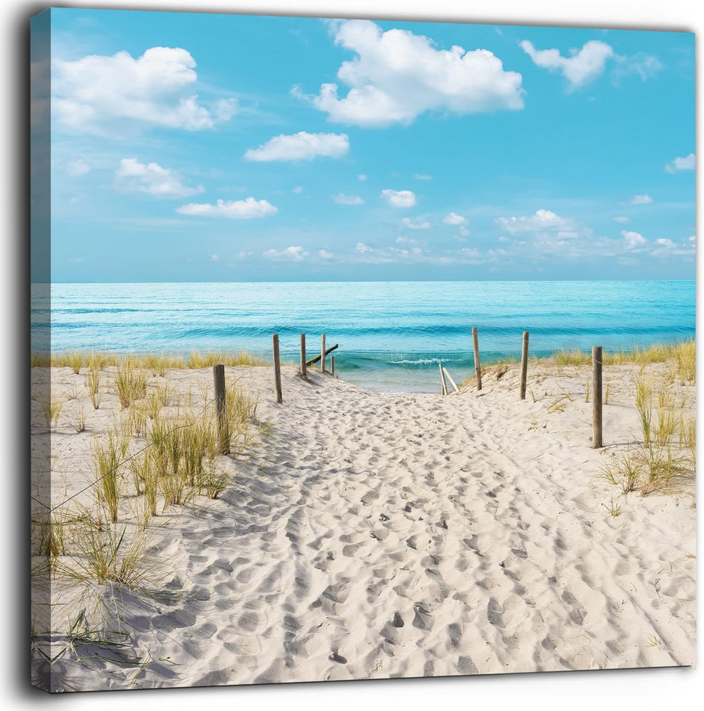 Beach Scene Bathroom Wall Art Beach Path Artwork Framed Blue Sea Seascape Canvas
