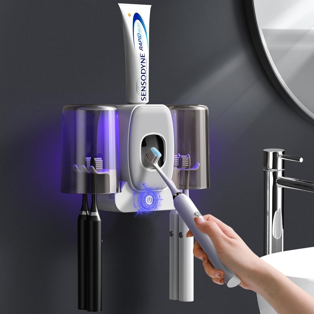 UV Light Sterilizer Toothbrush Holder Cleaner and Automatic Toothpaste Dispenser