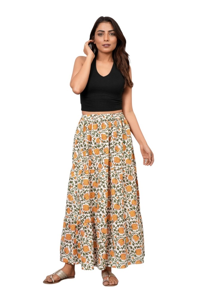 Women Block Printed 100% Cotton Maxi Long Skirt with Elastic Waist- Multi