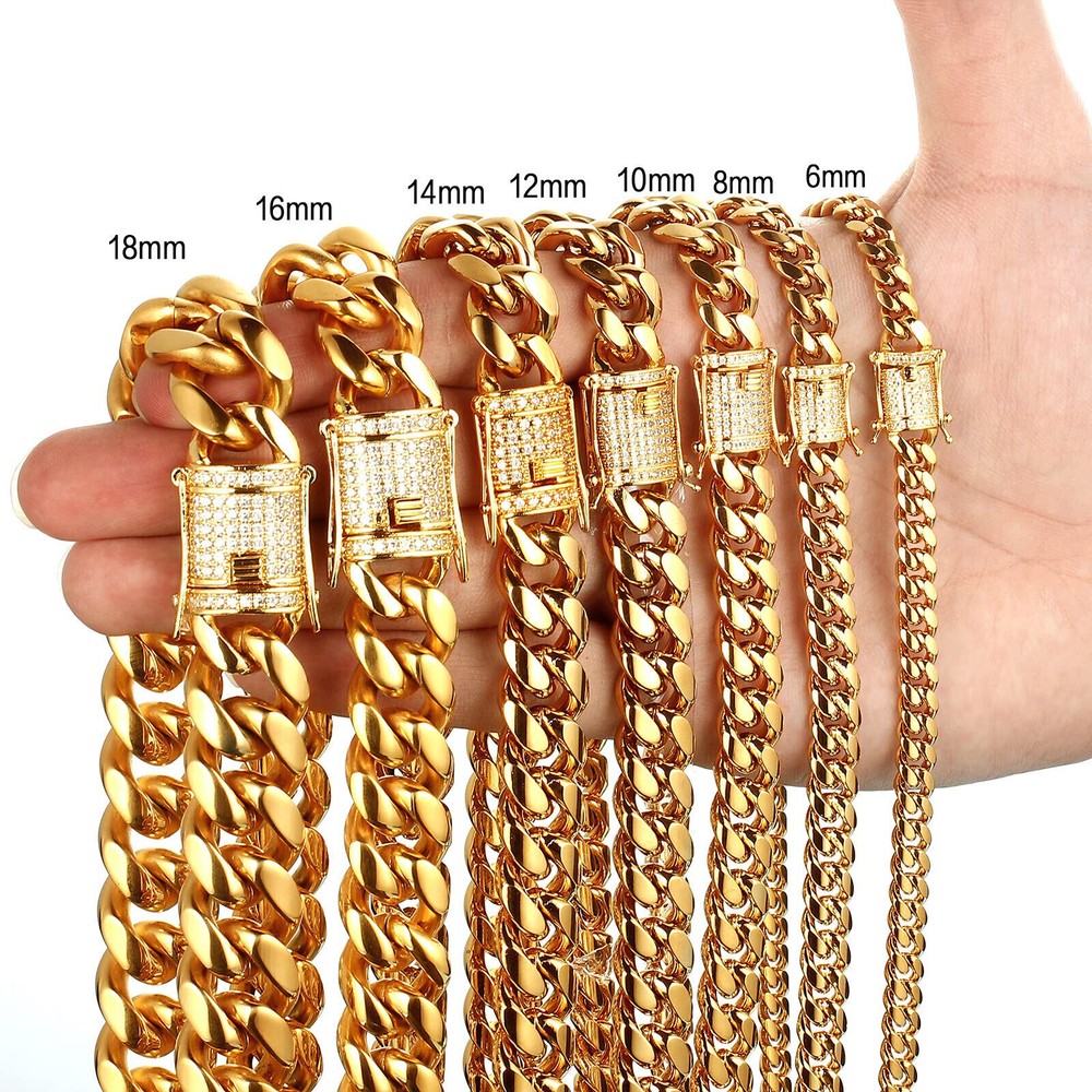 7.5-30 Inch Stainless Steel Cuban Link Chain Necklace 18K Gold Hip Hop Style