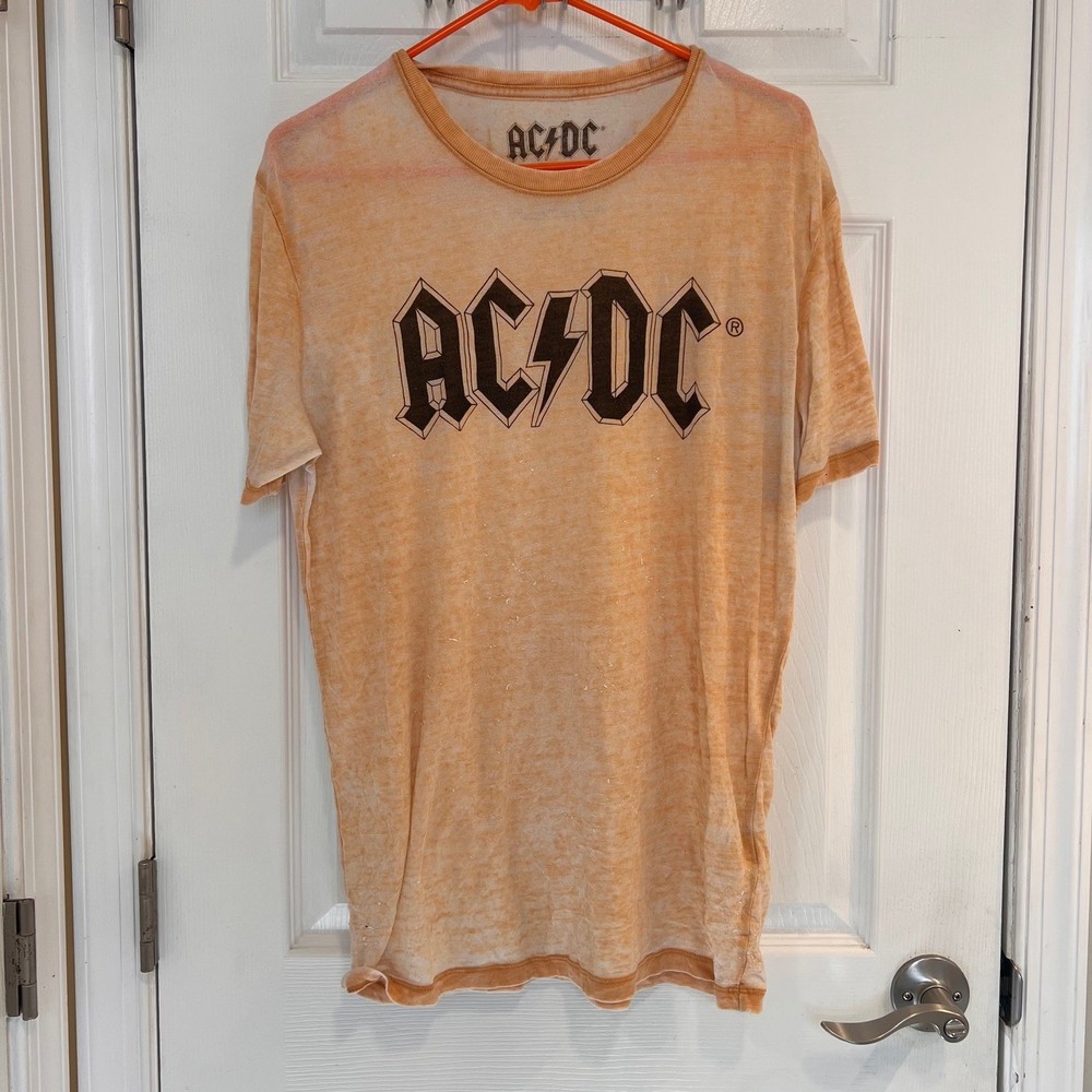 Lucky Brand AC/DC Graphic T Shirt Mens Medium Orange Burnout Wash Rock Band Tee