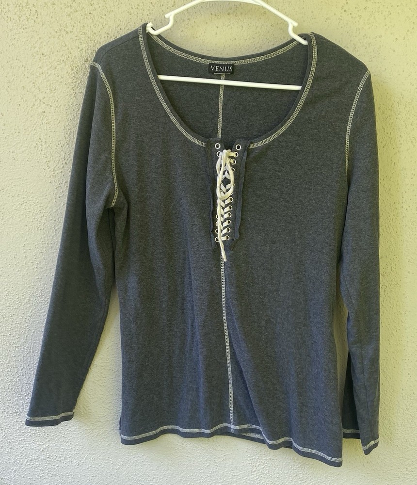 Venus Gray White Lace-Up Knit Long Sleeve Top Women's M