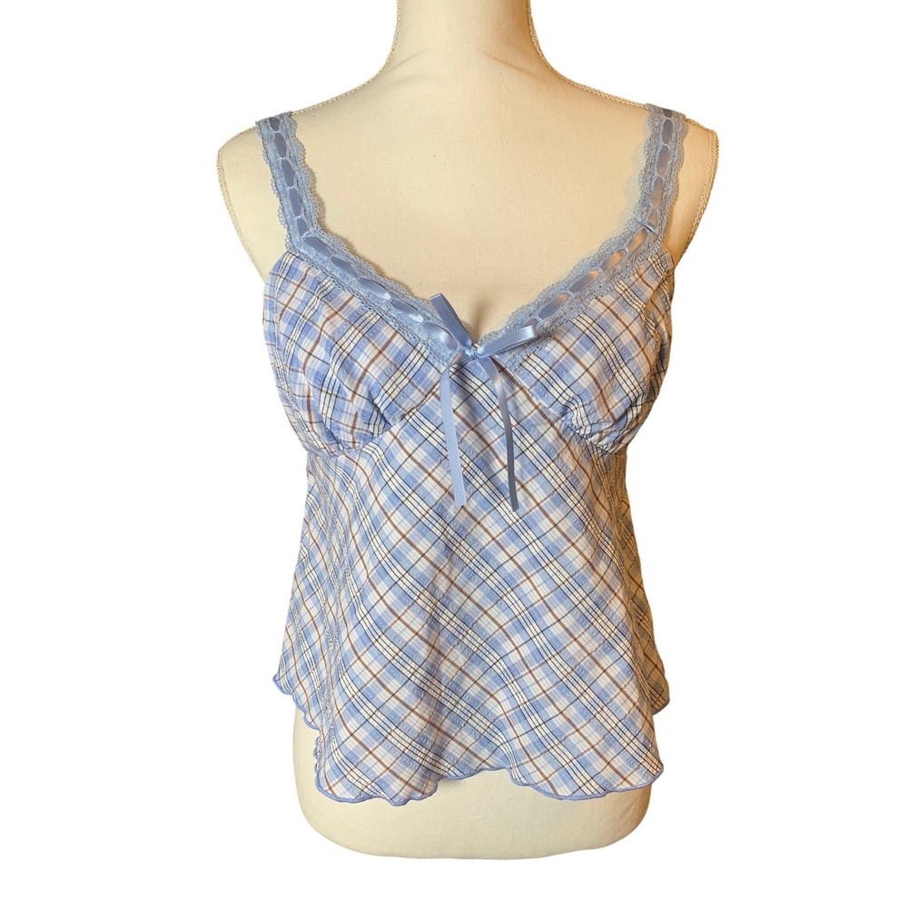 No Boundaries Blue Plaid Lace Trim Camisole Babydoll Top Coquette Preloved Med.