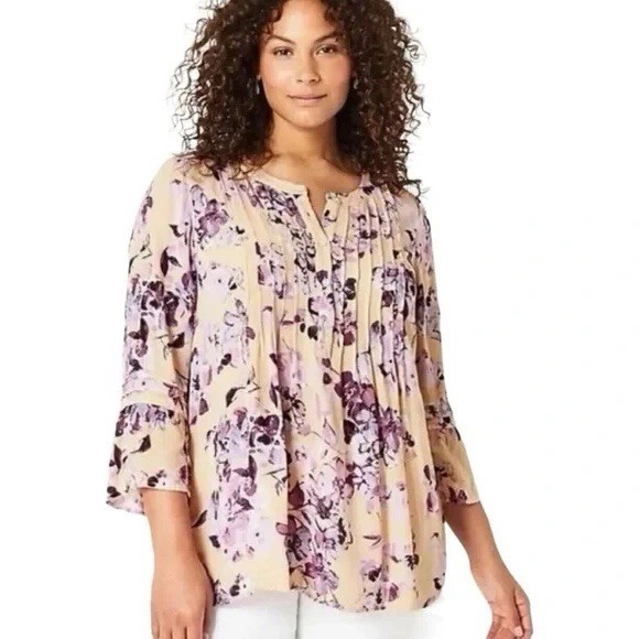 J. Jill Pintucked 3/4 Bell Sleeve Popover Top Women M Peach Floral