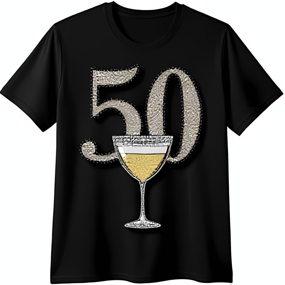 Glittery 50 Black T-Shirt with Gold Rimmed Glass for 50th Birthday Celebration
