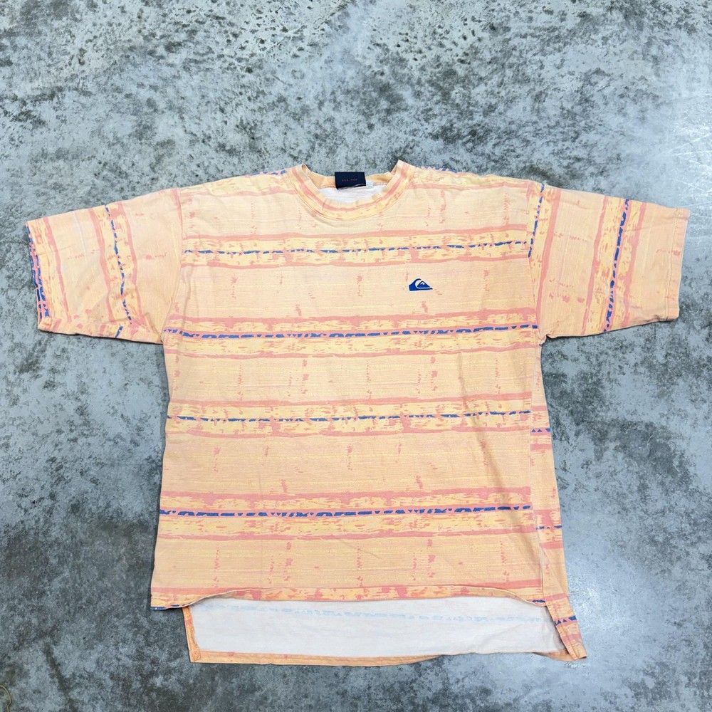 Vintage Quiksilver Shirt Mens Large Orange Striped Surf Logo Tee USA 80s 90s