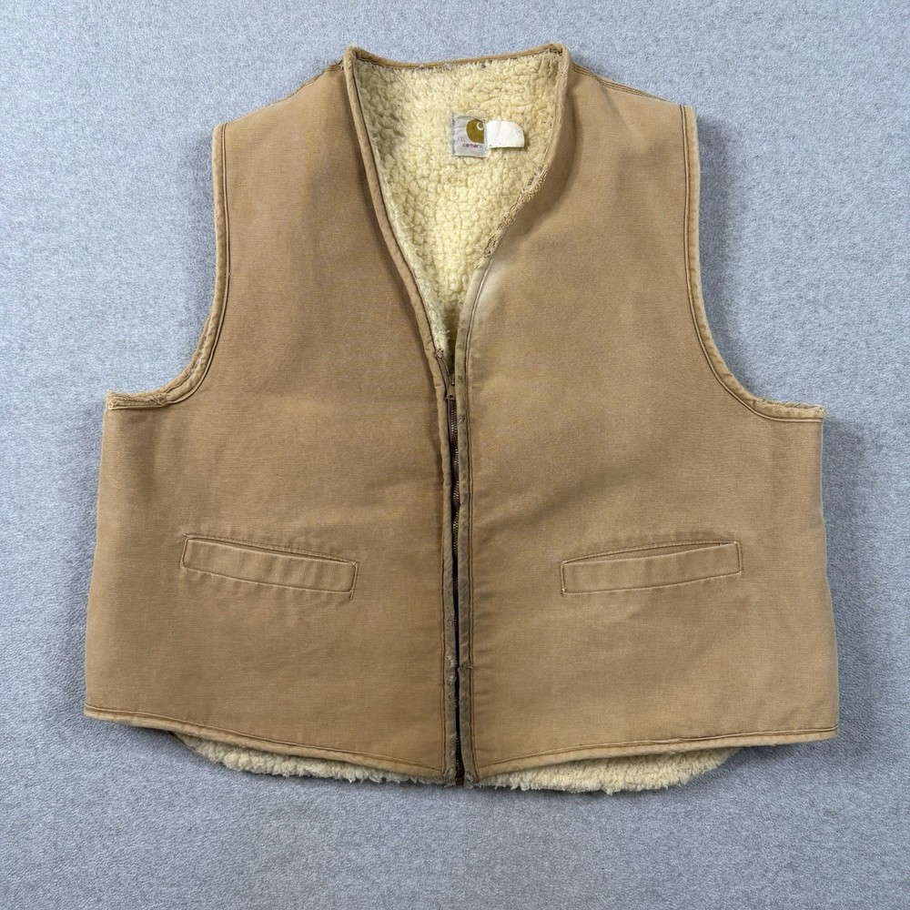 Vintage Carhartt Canvas Sherpa Lined Zip Vest Size 2XL Distressed Tan