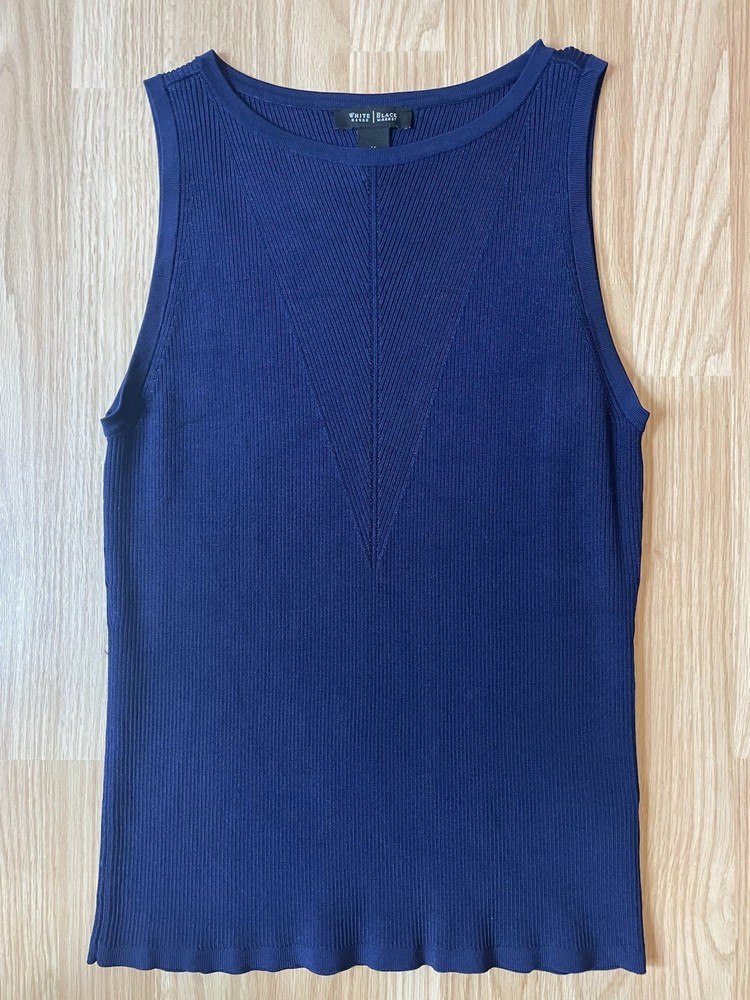 White House Black Market Blue Ribbed Knit Round Neck Sleeveless Tank Top M