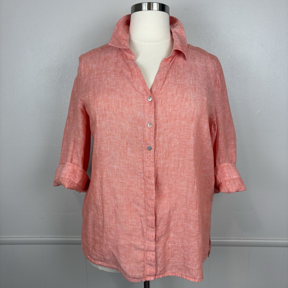 Chico's Button Up Linen Blouse Shirt Size 3 (XL) Orange Breathable Loose Airy