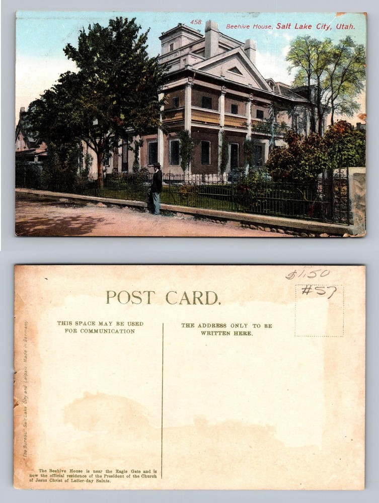 Salt Lake City, UT-Utah, Beehive House LDS Residence View PC Vintage Postcard