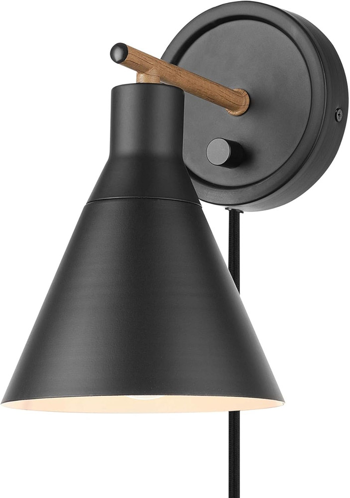 51725 1-Light Dimmable Plug-In or Hardwire Wall Sconce, Matte Black, Faux Walnut