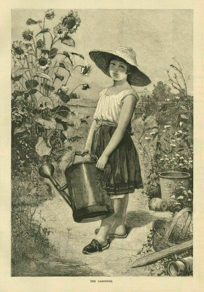 GARDENING YOUNG GIRL WATERING THE GARDEN FLOWERS PLANTS WITH WATERING CAN BUCKET