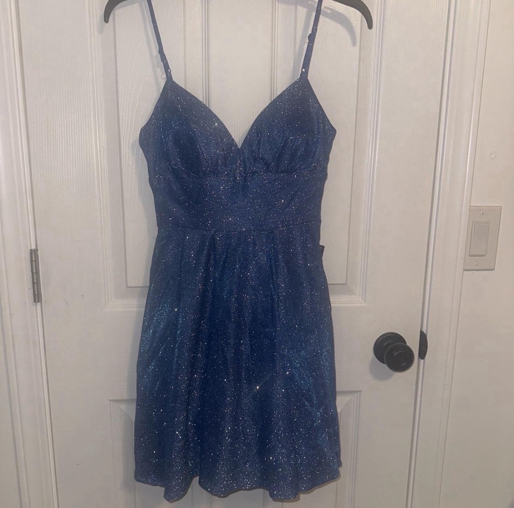 Women's Blue Glitter Fit & Flare Mini Dress V-Neck Strappy Sleeveless Size S