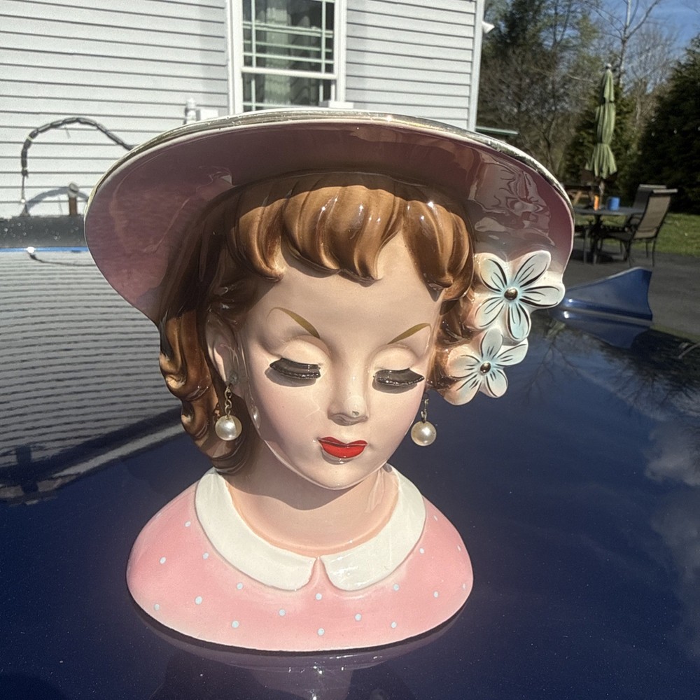 VTG Napco C4554B 1960 Japan Wreath Clover Lady  Head Vase Bonnet Hat Authentic