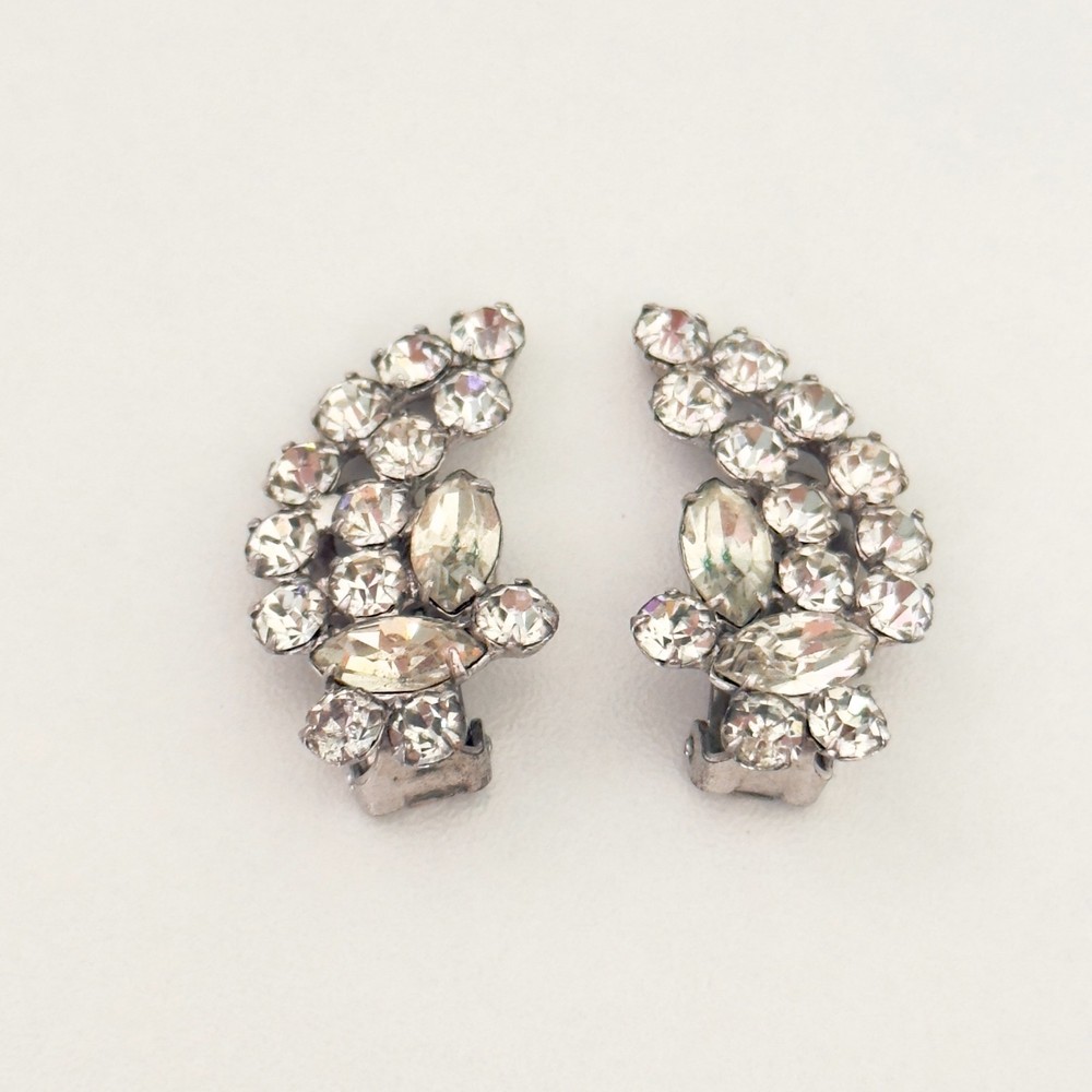 Vintage Clear Rhinestone Silver Tone Glam Climber Clip On Earrings