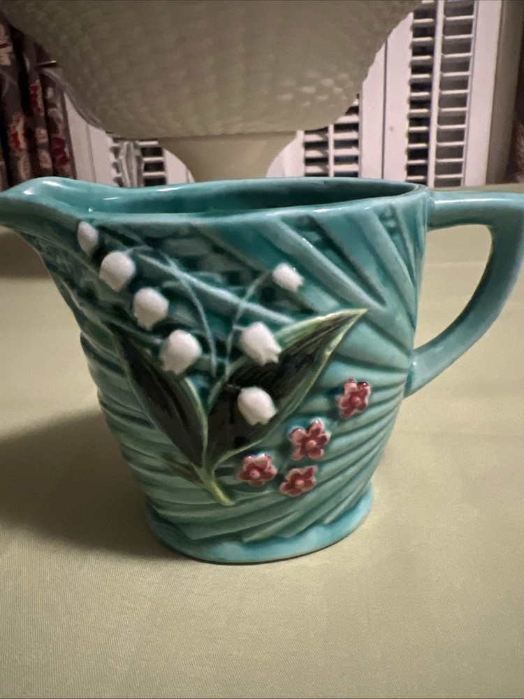 Vintage Green Majolica Japan Lily Of The Valley Small Pitcher