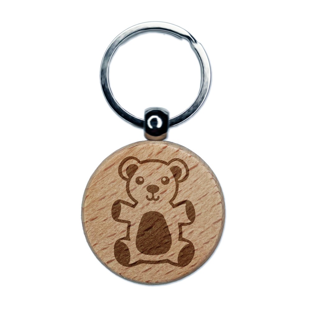 Cuddly Teddy Bear Engraved Wood Round Keychain Tag Charm