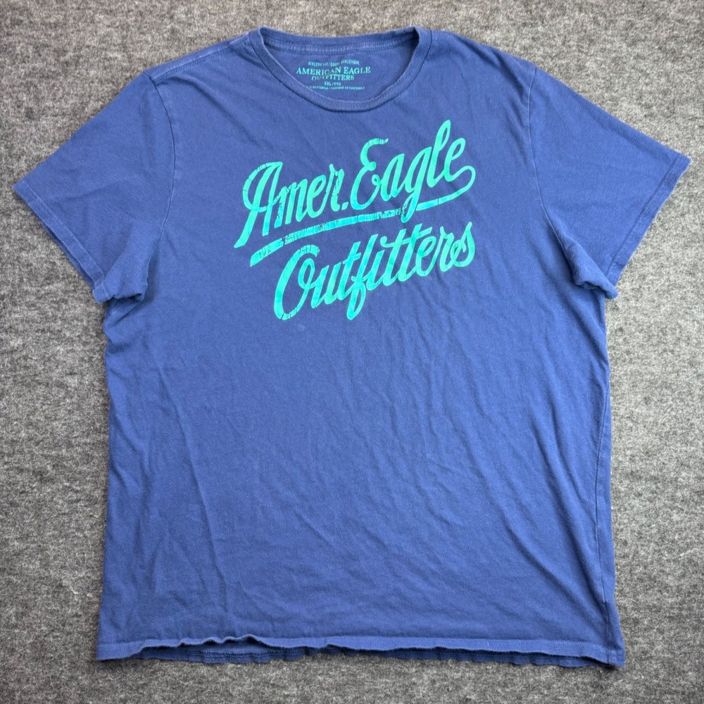 American Eagle T Shirt Mens XXL Blue Script Logo Athletic Fit