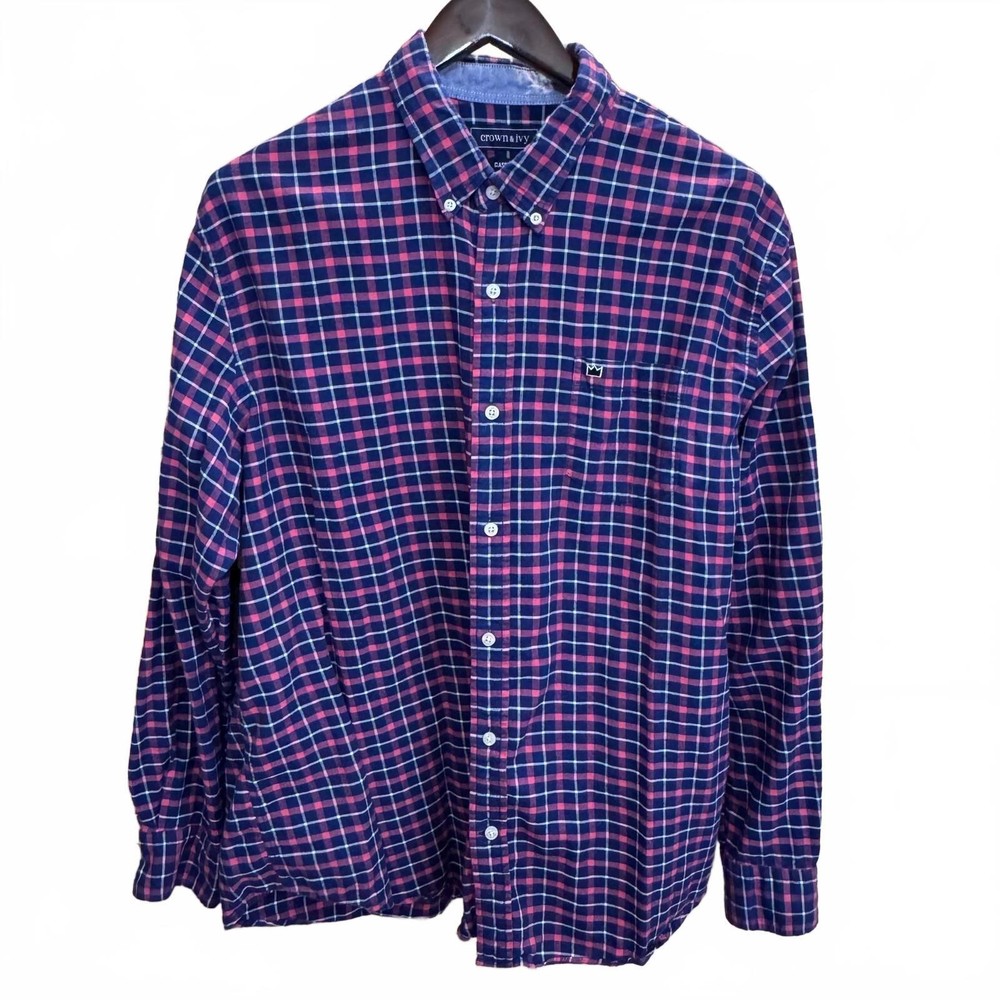 Crown & Ivy Shirt Mens XL Blue Pink Plaid Button Down Padded Elbows Classic Fit