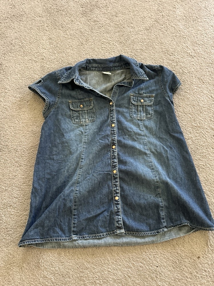 Old Navy Denim Babydoll Pearl Snap Short Sleeve Top Puff Sleeve Size S Y2K