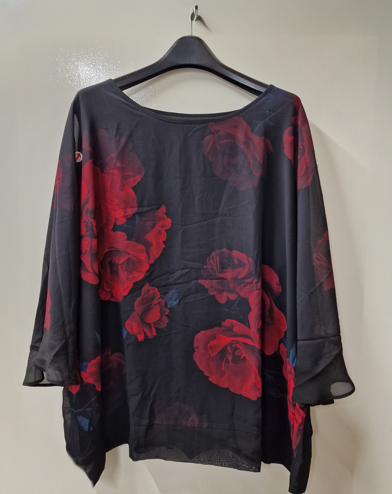 JD Williams Floral Fluted Sleeve Mesh Blouse Women's Size 32 Black