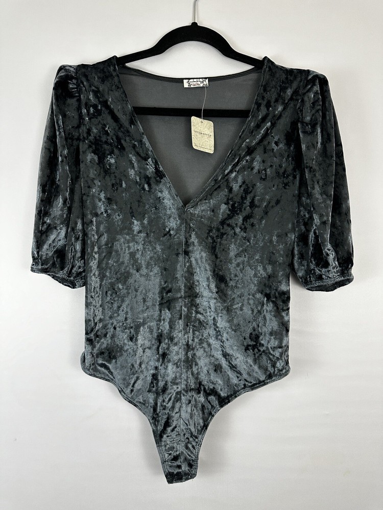 Free People Bodysuit Don't You Wish Sunflower Seed Blue Size Small Velvet NEW
